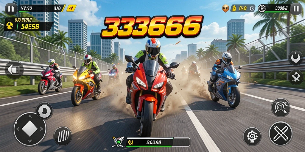 Tampilan gameplay menegangkan di <strong>333666</strong> saat balapan motor.