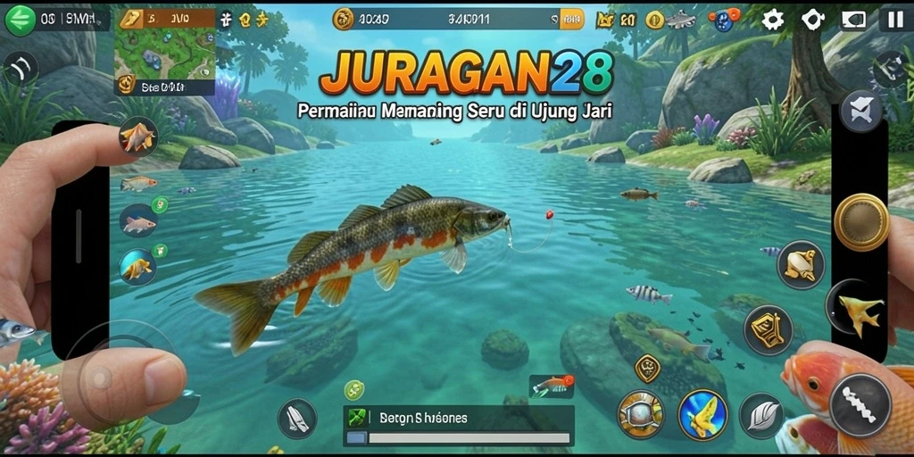 Tampilan gameplay seru dalam JURAGAN28 saat menangkap ikan.