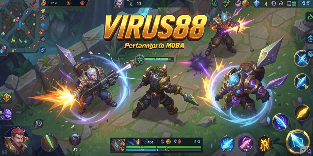 Gameplay seru <strong>VIRUS88</strong> memperlihatkan aksi pertarungan karakter di arena.